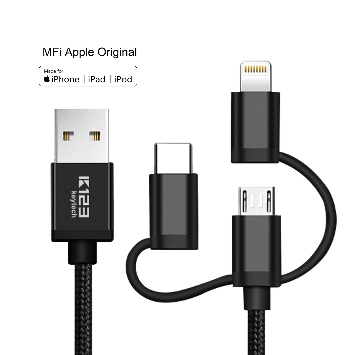 KAL009 Nylon Gevlochten 3 in 1 USB-kabel Snellader voor iPhone Android Mico Multi Gebruik Hoge snelheid